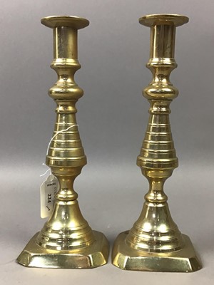 Lot 224 - A COLLECTION OF SILVER PLATE, A PAIR OF BRASS CANDLESTICKS AND OTHER ITEMS