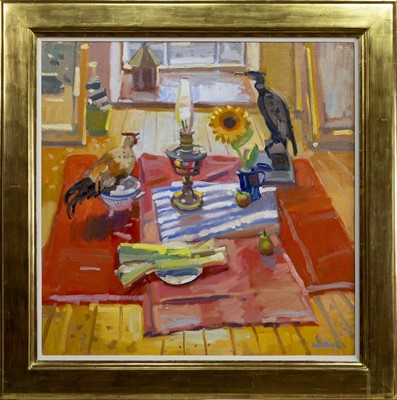 Lot 201 - STILL LIFE WITH HEN & CORMORANT, AN OIL BY GLEN SCOULLER