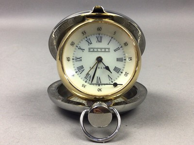 Lot 168 - A DALVEY CHROME HUNTER CASED POCKET WATCH WITH ALBERT AND A TRAVEL CLOCK