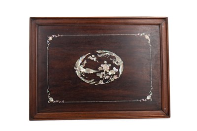 Lot 1095 - A SET OF THREE CHINESE ROSEWOOD AND MOTHER OF PEARL INLAID WALL PANELS