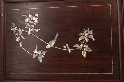Lot 1095 - A SET OF THREE CHINESE ROSEWOOD AND MOTHER OF PEARL INLAID WALL PANELS