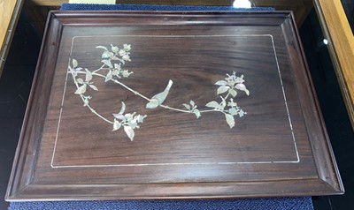 Lot 1095 - A SET OF THREE CHINESE ROSEWOOD AND MOTHER OF PEARL INLAID WALL PANELS