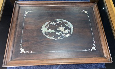 Lot 1095 - A SET OF THREE CHINESE ROSEWOOD AND MOTHER OF PEARL INLAID WALL PANELS