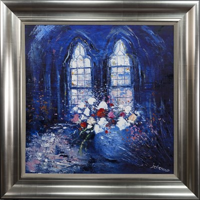 Lot 212 - CATHEDRAL WINDOW WITH FLOWERS, A LARGE OIL BY JOLOMO