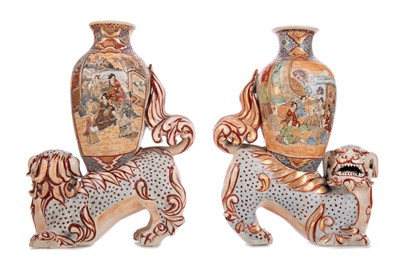 Lot 1052 - A PAIR OF JAPANESE SATSUMA FOO DOG VASES