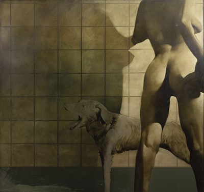 Lot 207 - NUDE AND HOUND AGAINST A WALL, AN OIL BY NEIL DALLAS BROWN