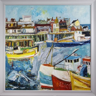 Lot 204 - SCOTTISH HARBOUR, A LARGE OIL BY JOHN BELLANY