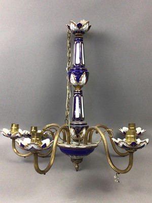 Lot 308 - A PORCELAIN AND BRASS COATED FIVE BRANCH CHANDELIER AND ANOTHER