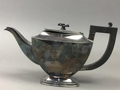 Lot 310 - A SILVER PLATED THREE PIECE TEA SERVICE AND OTHER OBJECTS