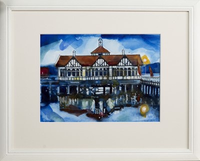 Lot 216 - REFLECTIONS AT DUNOON PIER, A WATERCOLOUR BY BRYAN EVANS