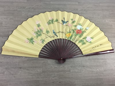 Lot 322 - A LARGE CHINESE DECORATED FAN AND THREE OTHERS