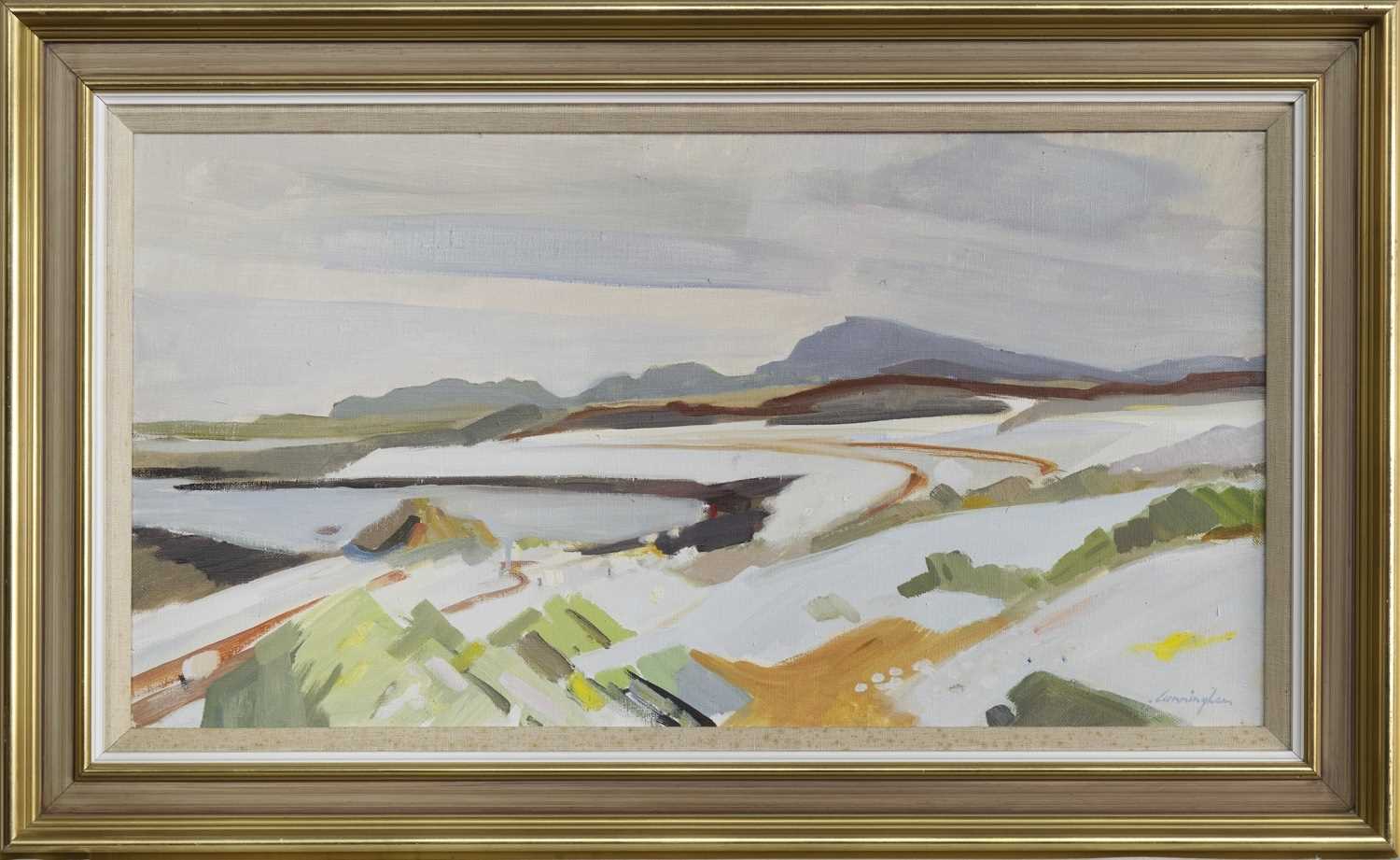 Lot 41 - RAISED BEACHES, COLONSAY, AN OIL BY JOHN CUNNINGHAM