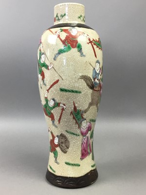 Lot 418 - A CHINESE CRACKLEWARE BALUSTER VASE, GINGER JAR AND A FIGURE