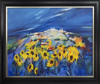 Lot 273 - SUNFLOWERS IN SICILY, AN ACRYLIC BY SHELAGH CAMPBELL