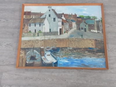 Lot 473 - HARBOUR SCENE, OIL ON BOARD