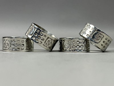 Lot 317 - A SET OF FOUR RENNIE MACKINTOSH STYLE NAPKIN RINGS AND OTHER ITEMS