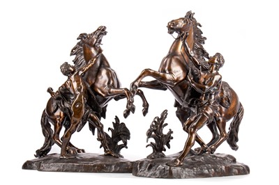 Lot 801 - A PAIR OF BRONZE MARLEY HORSE GROUPS AFTER GUILLAUME COUSTOU
