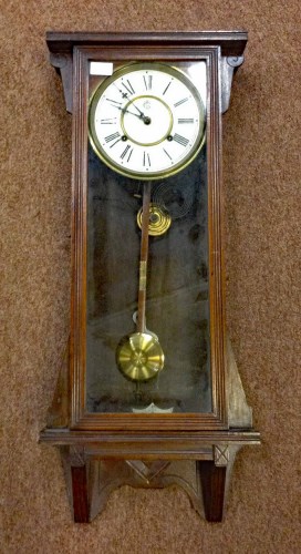 Lot 1065 - WATERBURY WALL CLOCK the enamel face with...