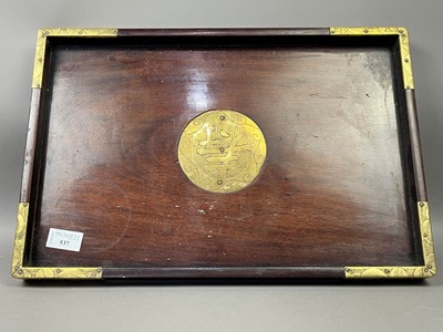 Lot 537 - A CHINESE ROSEWOOD AND BRASS TEA TRAY