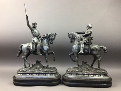 Lot 101 - A PAIR OF SPELTER FIGURES OF KNIGHTS ON HORSEBACK