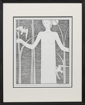 Lot 5 - WOMAN WITH BIRDS, A SIGNED LITHOGRAPH BY HANNAH FRANK