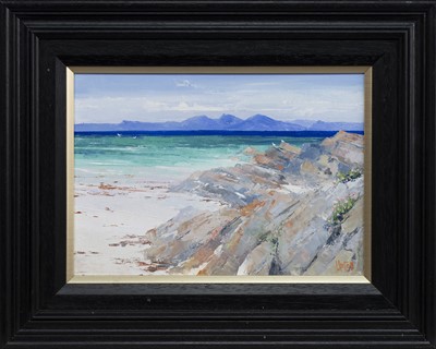 Lot 292 - JURA FROM KINTYRE, AN OIL BY ERNI UPTON