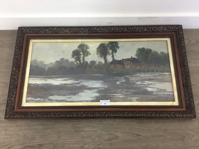 Lot 91 - J. MORRIS, RIVER SCENE WITH COTTAGES AND FIGURES