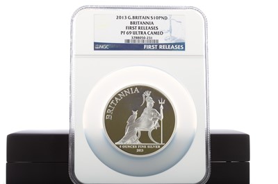 Lot 24 - THE 2013 UK BRITANNIA FIVE OUNCE SILVER PROOF ULTRA CAMEO FIRST STRIKE COIN