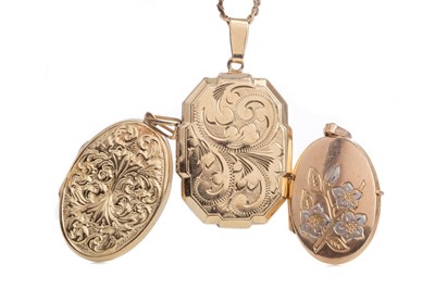 Lot 1164 - THREE GOLD LOCKETS AND ONE CHAIN