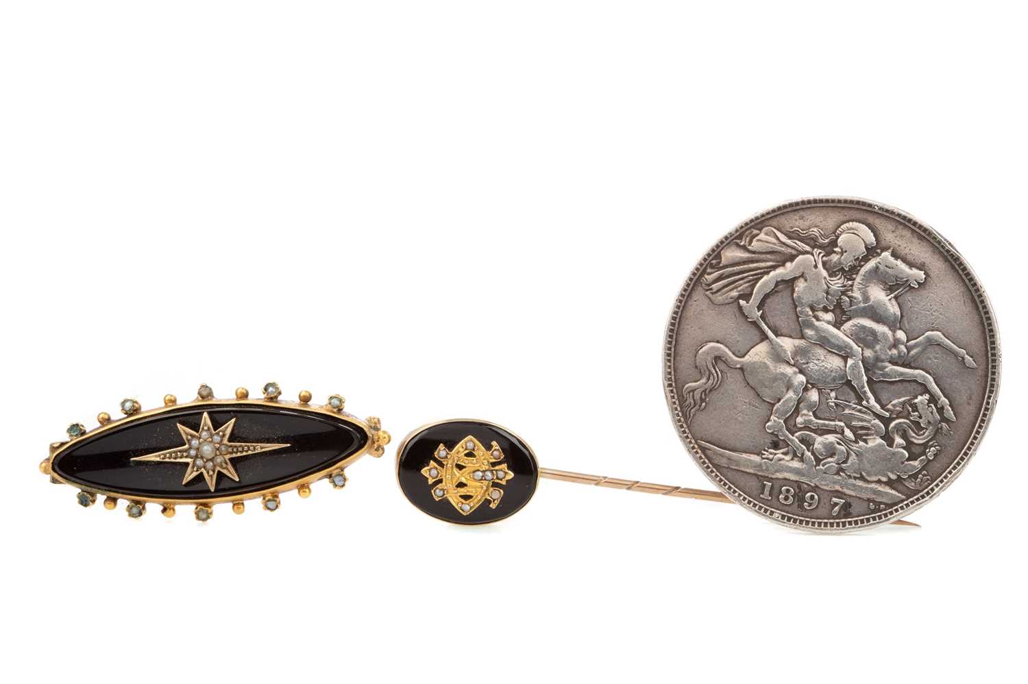 Lot 1187 - TWO VICTORIAN MOURNING BROOCHES AND A SILVER CROWN