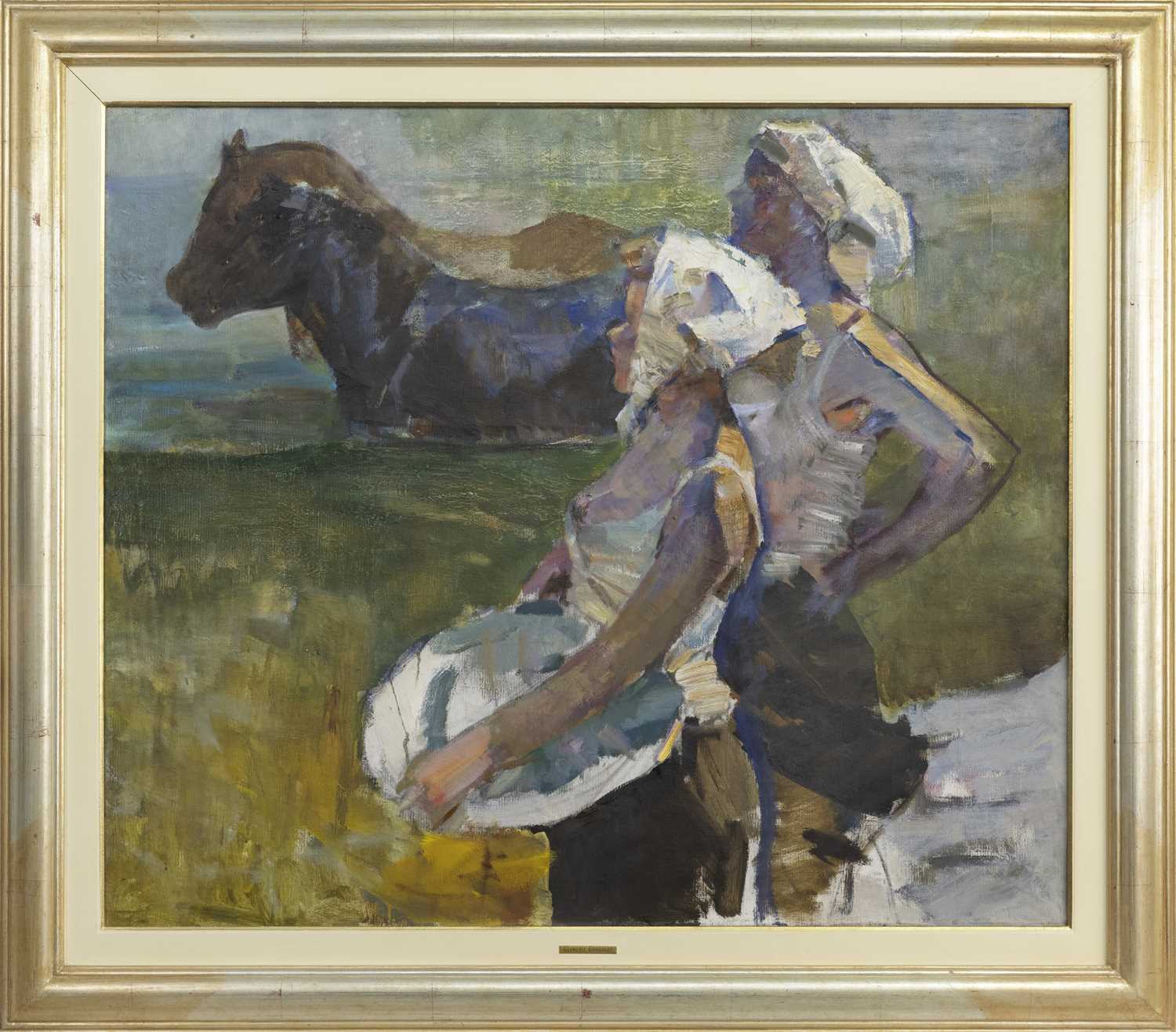 Lot 369 - GIRLS AND HORSES, AN OIL BY GEORGHIJ GODGOLDT