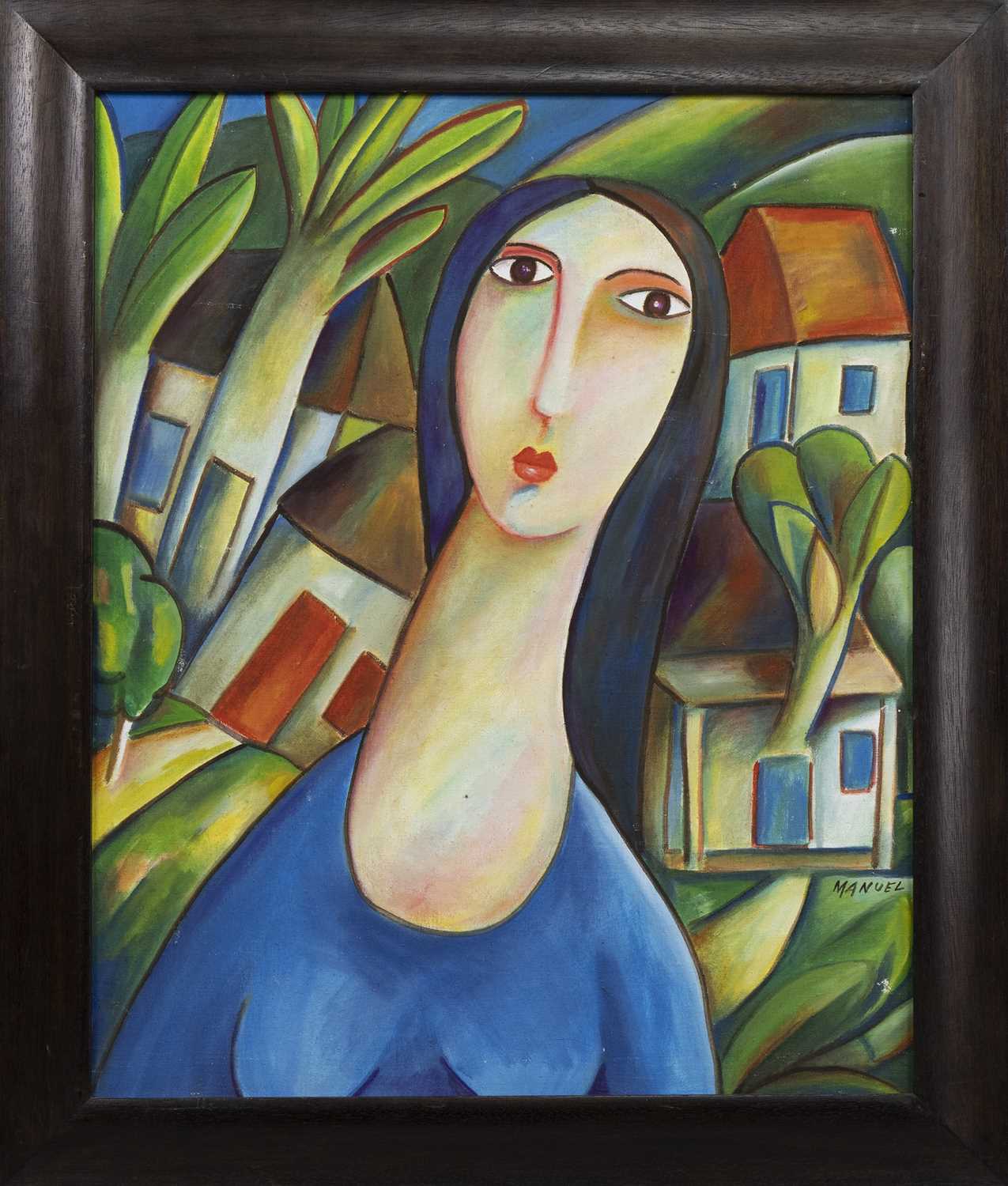 Lot 367 - YOUNG LADY IN BLUE, AN OIL BY MANUEL HERNANDEZ VALDES