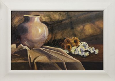 Lot 417 - STILL LIFE WITH CHRYSANTHEMUMS, AN OIL BY SHEILA FINDLAY