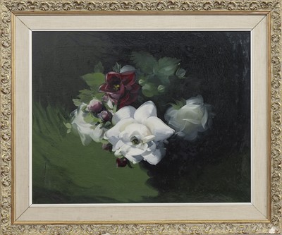 Lot 350 - WHITE AND RED ROSES, AN OIL BY JAMES PORTEOUS