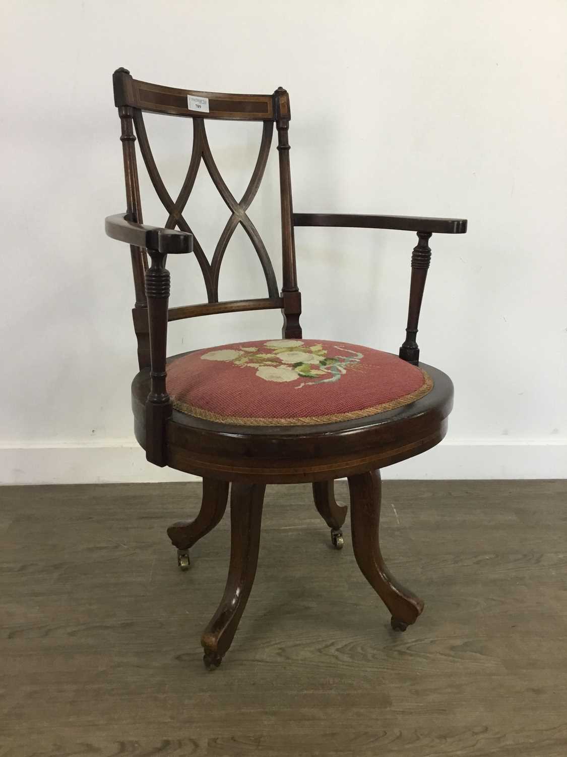 Lot 789 - AN EDWARDIAN INLAID MAHOGANY SWIVEL CHAIR