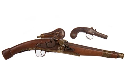 Lot 118 - TWO PISTOLS AND A POWDER FLASK