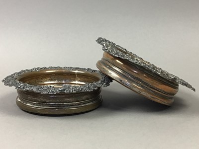 Lot 267 - A PAIR OF OLD SHEFFIELD PLATED BOTTLE COASTERS, ENTREE DISH AND A CUT GLASS BOWL