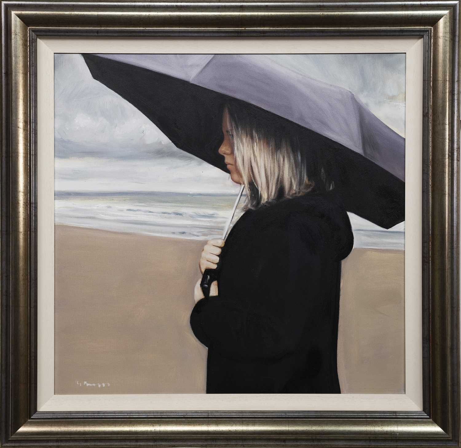 Lot 16 - GIRL WITH UMBRELLA, AN OIL BY GERARD BURNS