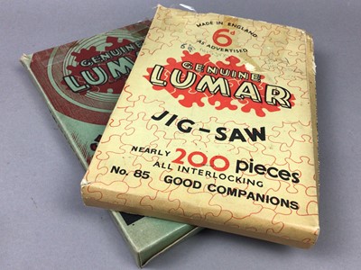 Lot 366 - A COLLECTION OF VINTAGE LUMAR BOXED JIGSAWS, A FISHING DIARY, STAMPS AND OTHER ITEMS