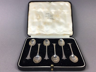 Lot 376 - A SET OF SIX SILVER COFFEE SPOONS IN CASE AND PAIR OF SILVER PICKLE FORKS IN CASE