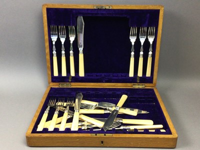 Lot 386 - A SET OF MOTHER OF PEARL HANDLED FRUIT KNIVES AND FORKS, FISH KNIVES AND FORKS AND OTHER CUTLERY