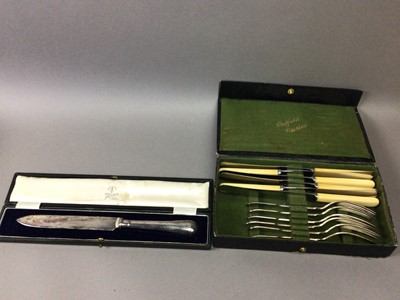 Lot 386 - A SET OF MOTHER OF PEARL HANDLED FRUIT KNIVES AND FORKS, FISH KNIVES AND FORKS AND OTHER CUTLERY