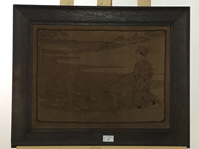 Lot 354 - AN EARLY 20TH CENTURY EMBROIDERED PANEL OF A BOY WITH GEESE