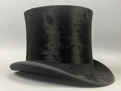 Lot 297 - A TOP HAT, BOWLER HAT AND WHIP