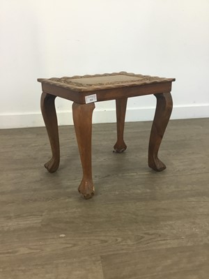 Lot 365 - A TEAK OCCASIONAL TABLE AND FOUR STOOLS