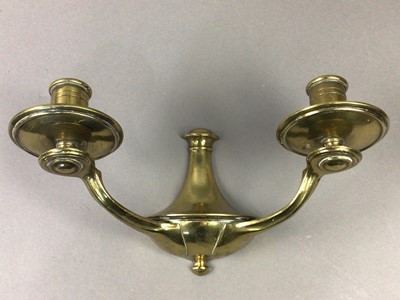 Lot 80 - A PAIR OF CONTINENTAL ARTS & CRAFTS BRASS WALL CANDLE BRACKETS