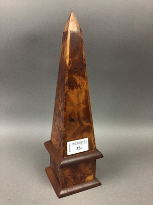 Lot 266 - A TREEN DESK TOP OBELISK AND PUZZLE