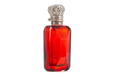 Lot 71 - A VICTORIAN WHITE METAL TOPPED RUBY GLASS SCENT BOTTLE