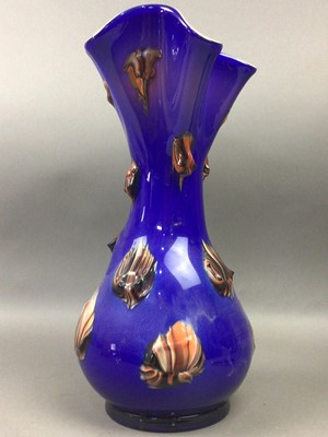 Lot 270 - A BLUE GLASS VASE, TWO PAPERWEIGHTS AND TWO VASES