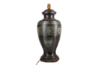 Lot 1094 - A LARGE CHINESE BRONZE AND CLOISONNE ENAMEL VASE CONVERTED TO A LAMP